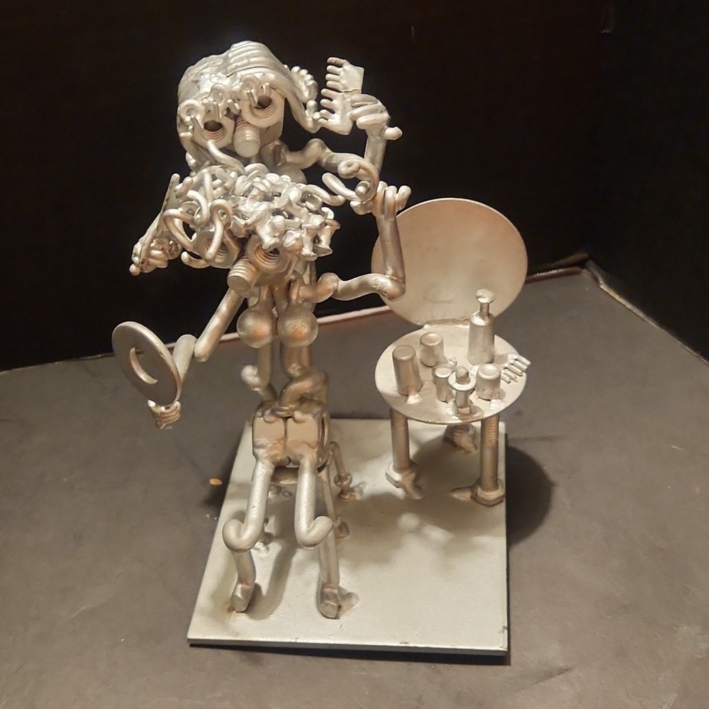 💣Art Deco nuts & bolts metal sculpture of hairdresser & cl